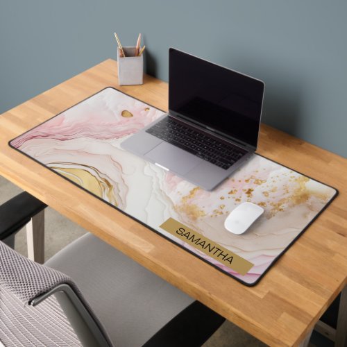 Pink and Gold Abstract Alcohol Ink 6 Desk Mat