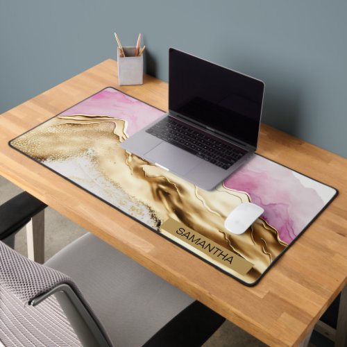 Pink and Gold Abstract Alcohol Ink 7 Desk Mat