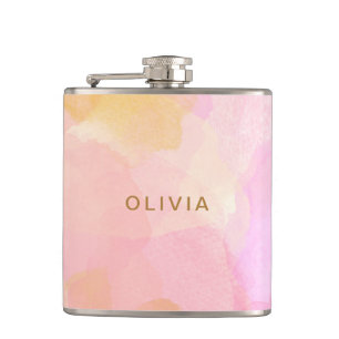Pink and Gold Abstract Watercolor Custom Wedding Flask