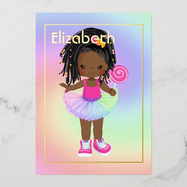 Pink and Gold African American Candy Tutu Birthday Foil Invitation (Front)