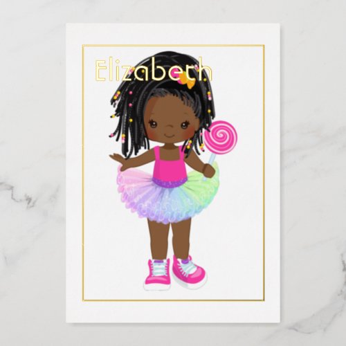 Pink and Gold African American Candy Tutu Birthday Foil Invitation
