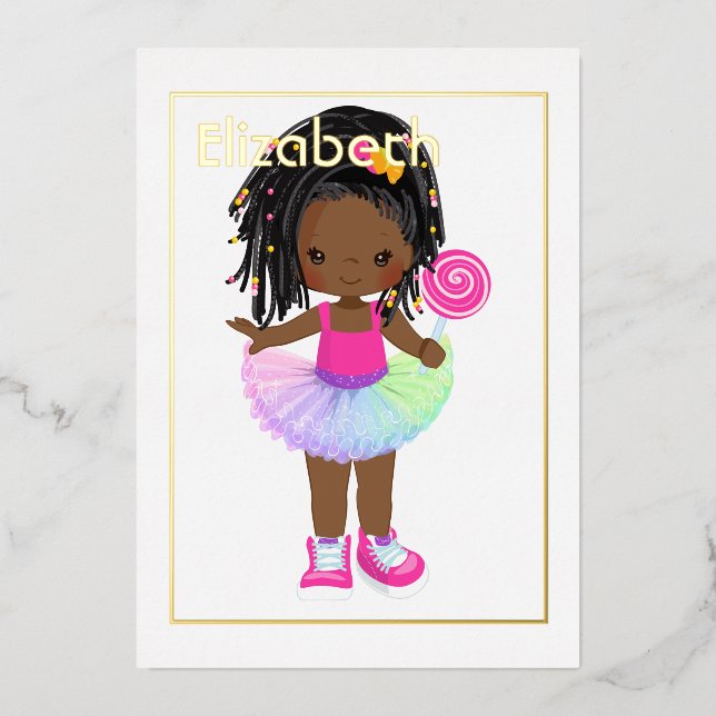 Pink and Gold African American Candy Tutu Birthday Foil Invitation (Front)