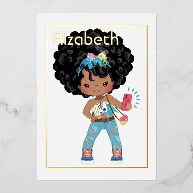 Pink and Gold African American Selfie Birthday Foil Invitation (Front)