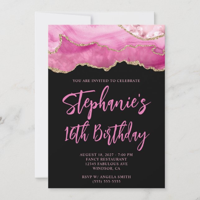 Pink and Gold Agate Black Bold 16th Birthday Invitation (Front)