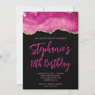 Pink and Gold Agate Black Bold 18th Birthday Invitation