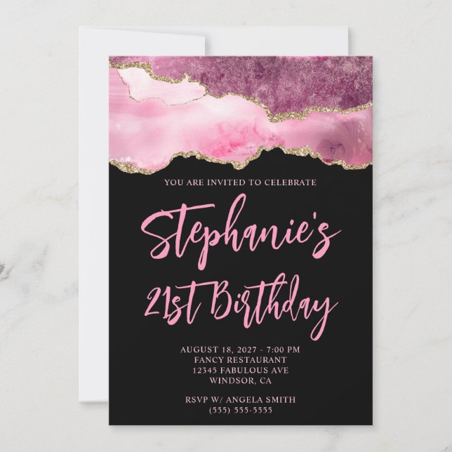 Pink and Gold Agate Black Bold 21st Birthday Invitation (Front)