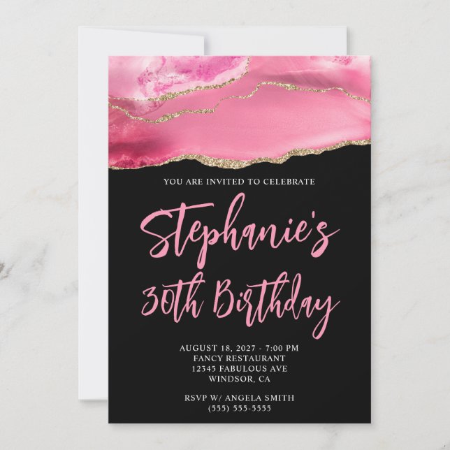 Pink and Gold Agate Black Bold 30th Birthday Invitation (Front)
