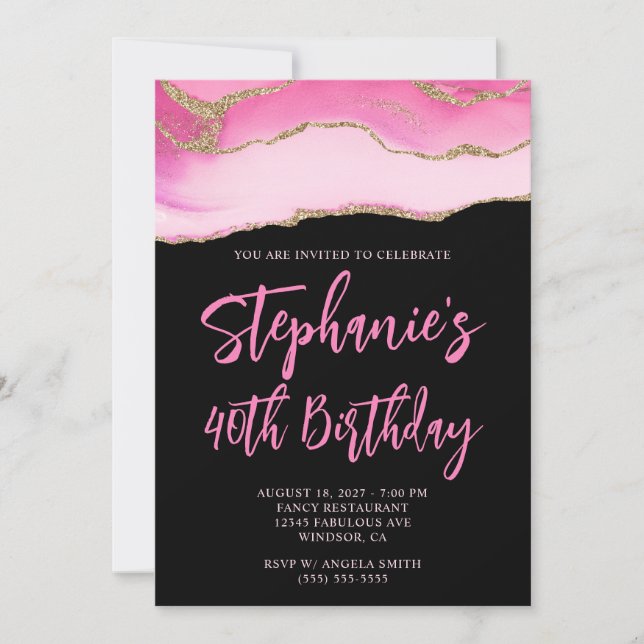 Pink and Gold Agate Black Bold 40th Birthday Invitation (Front)