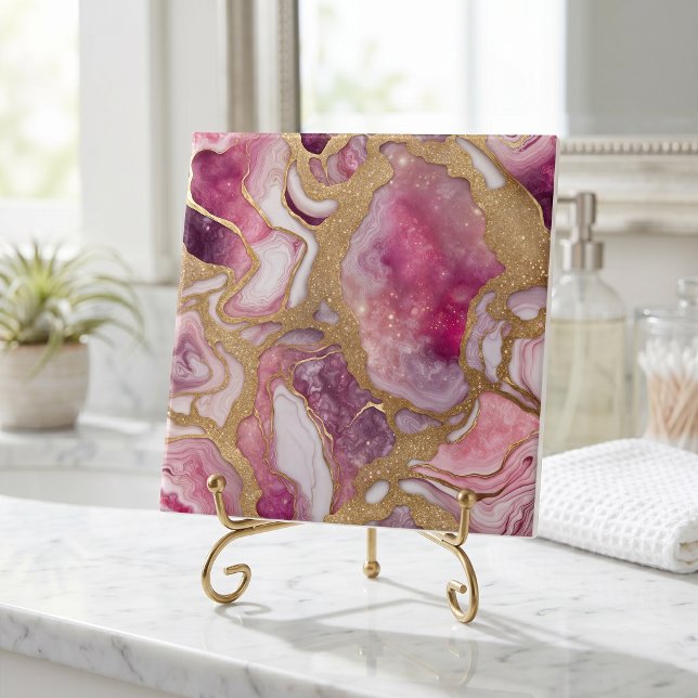 Pink and Gold Agate Geode Abstract Resin Art Ceramic Tile (Creator Uploaded)