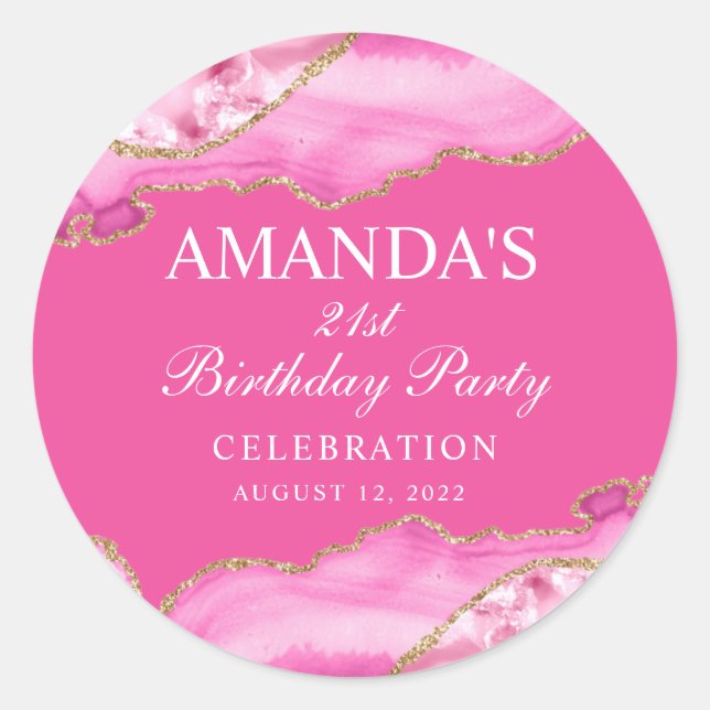 Pink and Gold Agate Marble Classic Round Sticker (Front)