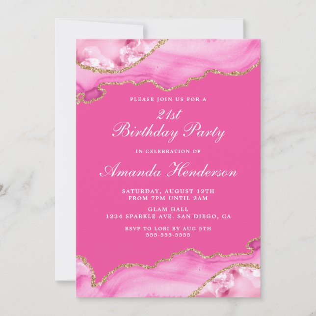 Pink and Gold Agate Marble Invitation (Front)