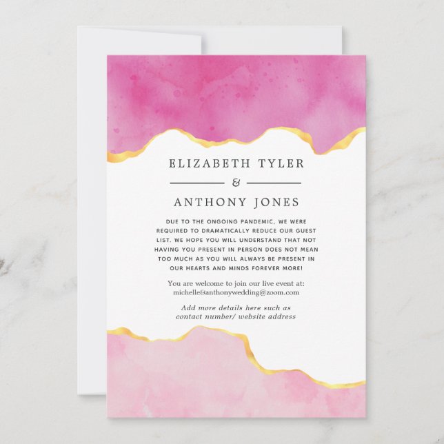 Pink and Gold Agate Reduced Wedding Guest List Announcement (Front)