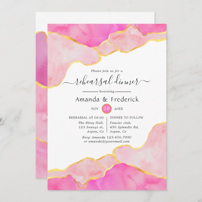 Pink and Gold Agate Rehearsal Dinner Invitation (Front/Back)