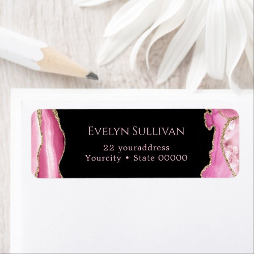 Pink and gold agate return address label