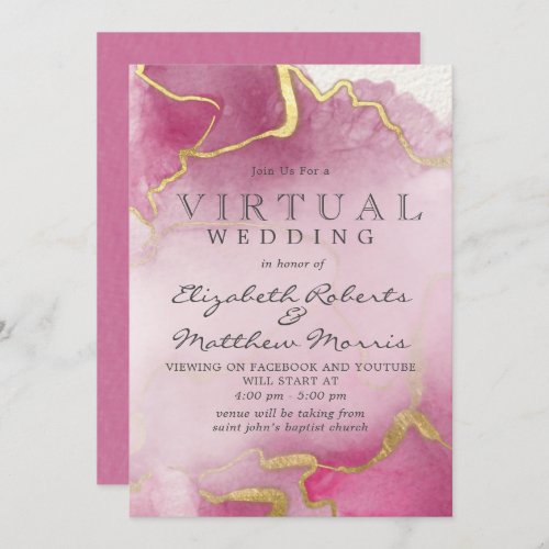 Pink and Gold Agate Watercolor Virtual Wedding Invitation