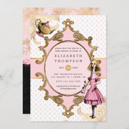 Pink and Gold Alice In Wonderland Baby Shower Invitation
