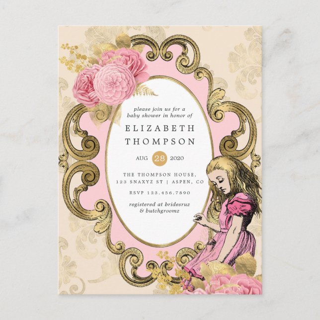 Pink and Gold Alice In Wonderland Baby Shower Postcard (Front)