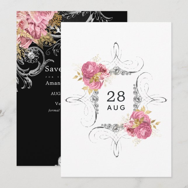 Pink and Gold and Silver Floral Diamond Wedding Sa Save The Date (Front/Back)