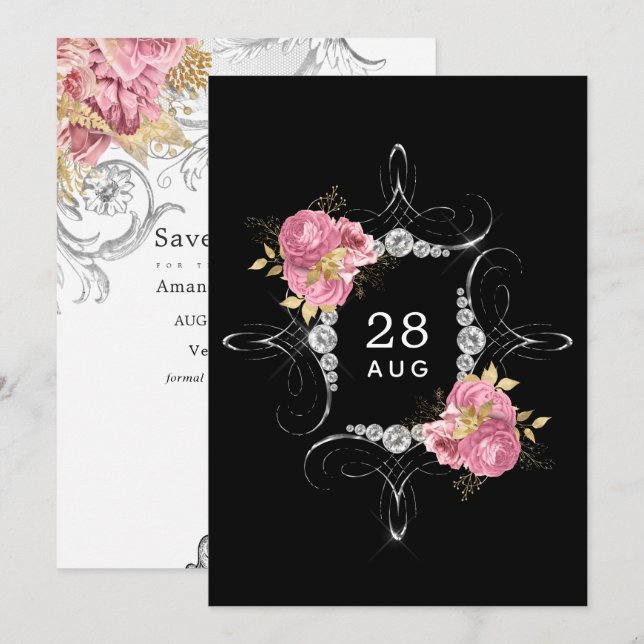 Pink and Gold and Silver Floral Diamond Wedding Save The Date (Front/Back)