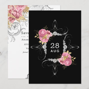 Pink and Gold and Silver Floral Diamond Wedding Save The Date