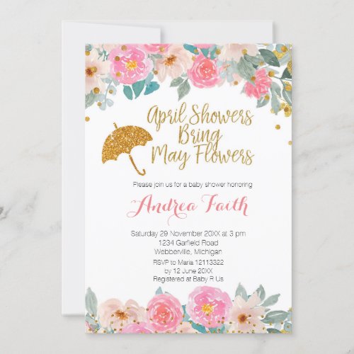 Pink and Gold April Showers Bring May Flowers Invitation