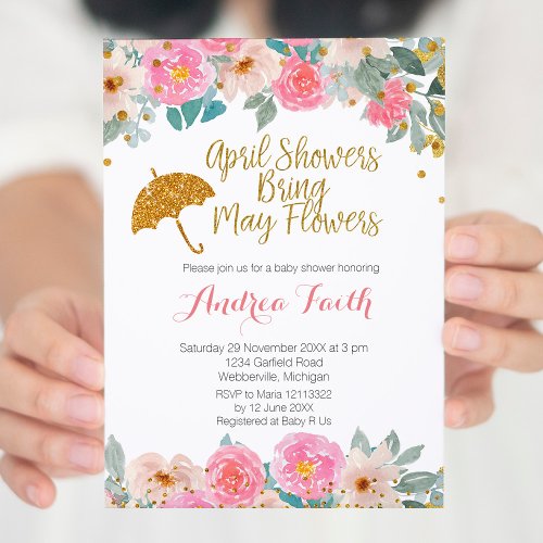 Pink and Gold April Showers Bring May Flowers Invitation