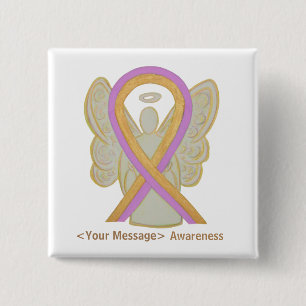 Pink and Gold Awareness Ribbon Angel Button Pins