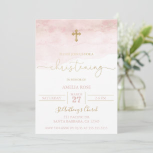 Pink and Gold Baby Christening Invitation Girl