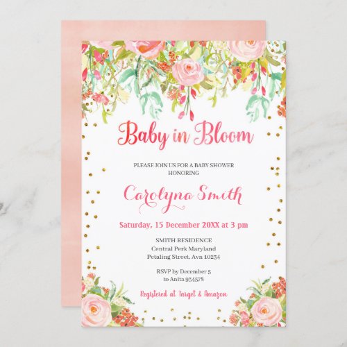 Pink and Gold Baby in Bloom Baby Shower Invitation