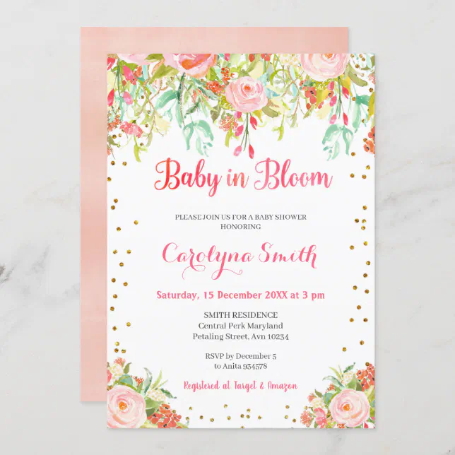 Pink and Gold Baby in Bloom Baby Shower Invitation | Zazzle