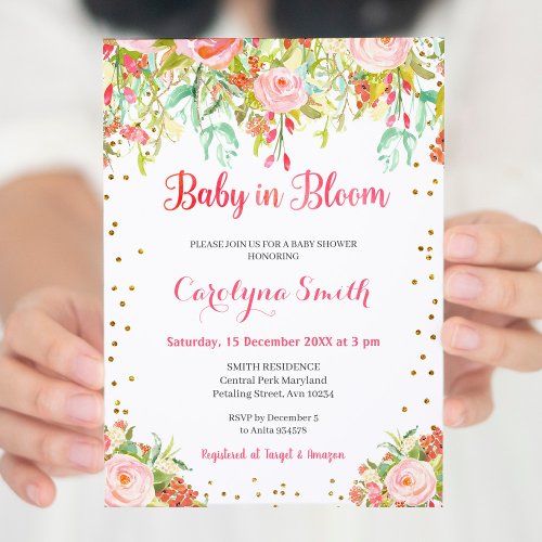 Pink and Gold Baby in Bloom Baby Shower Invitation