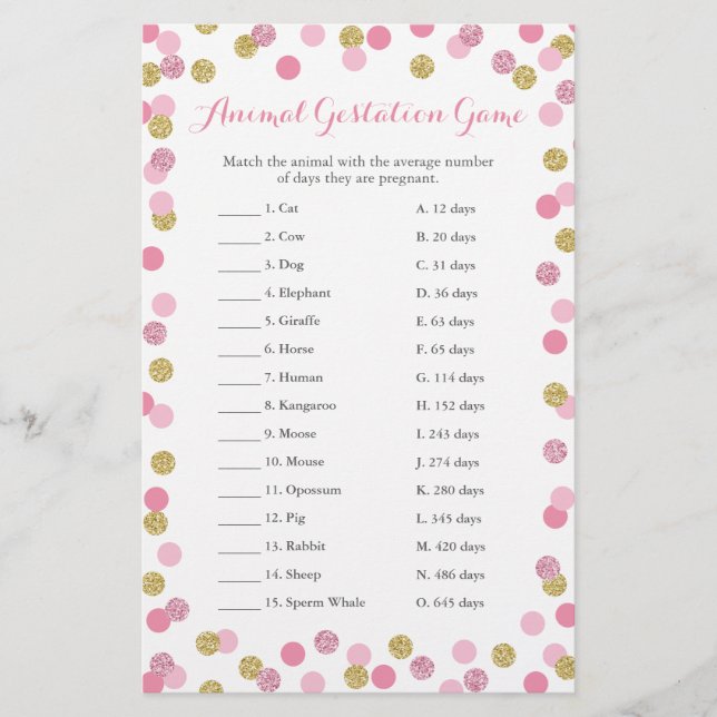 Pink and Gold Baby Shower Animal Gestation Game (Front)