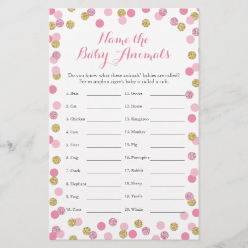 Pink and Gold Baby Shower Baby Animal Name Game