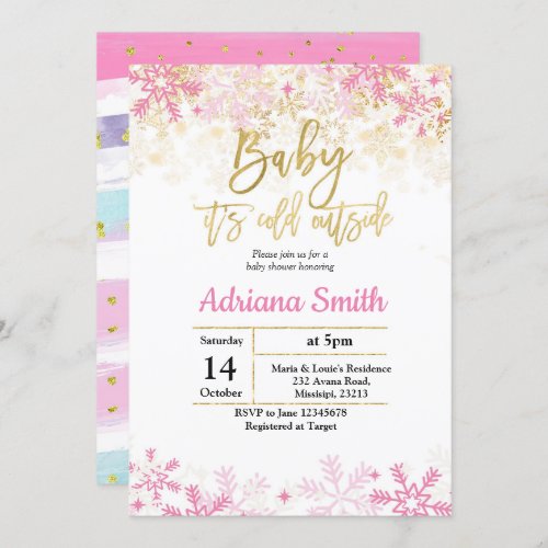 Pink and Gold Baby Shower invitation card snow