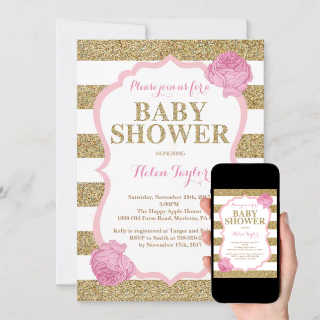 Pink And Gold Baby Shower Invitation Glitter 