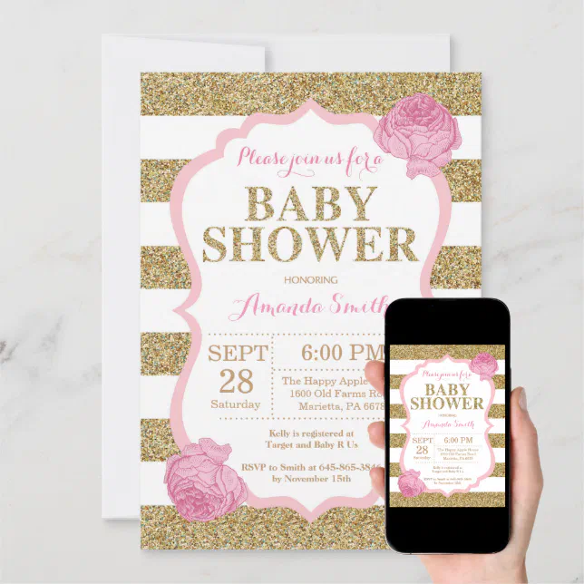 Pink and Gold Baby Shower Invitation Glitter | Zazzle