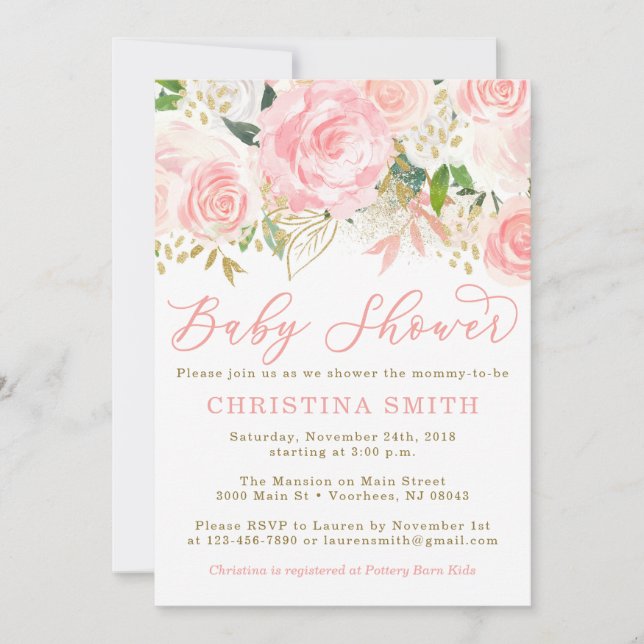 Pink and Gold Baby Shower Invitations (Front)