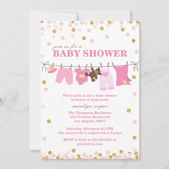 Pink and Gold Baby Shower Invitations (Front)