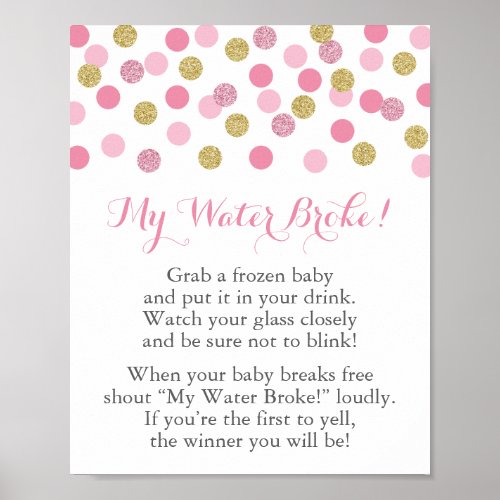 Pink and Gold Baby Shower My Water Broke Game Sign