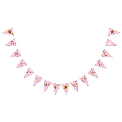 Pink and Gold  Baby Shower Welcome World Footprint Bunting Flags