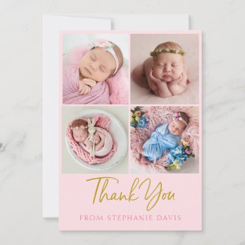 Pink and gold baby thank you card photo collage