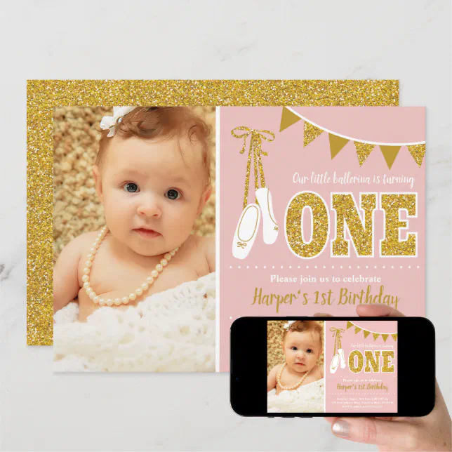 Pink and Gold Ballerina 1st Birthday Invitation Zazzle