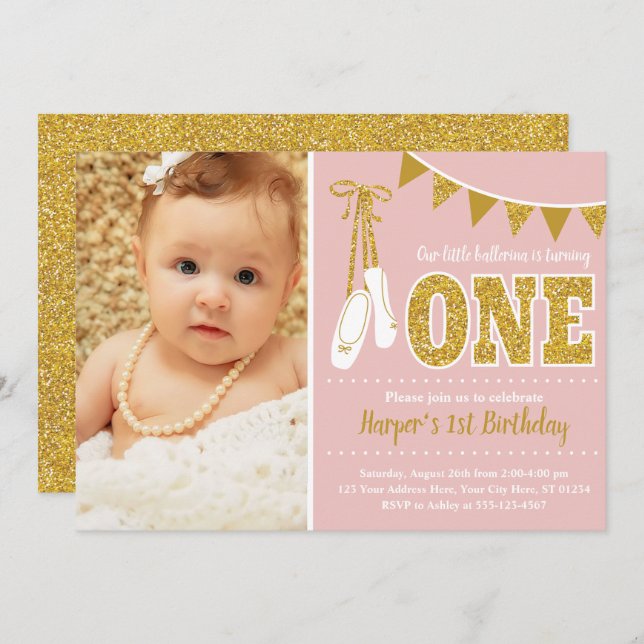 Pink and Gold Ballerina 1st Birthday Invitation (Front/Back)