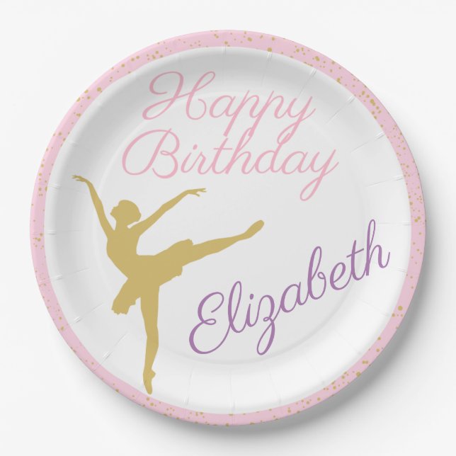 Pink and Gold Ballerina Birthday Paper Plates (Front)
