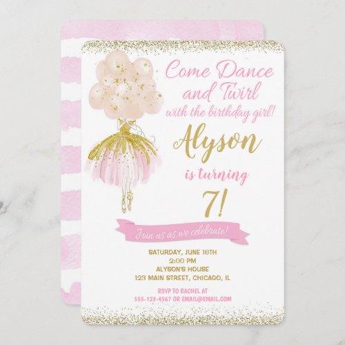 Pink and gold ballerina dancer birthday invitation