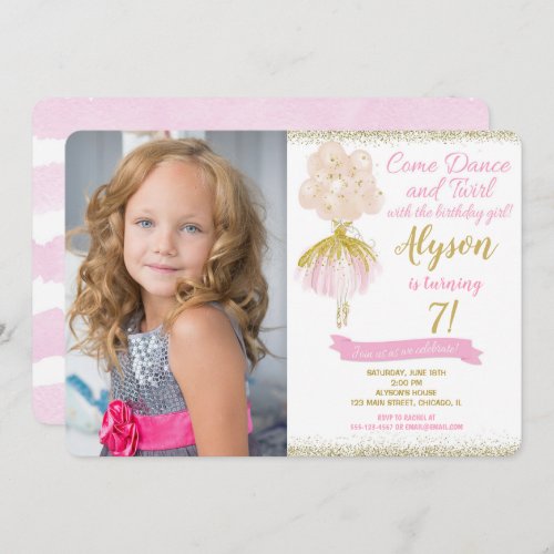 Pink and gold ballerina dancer birthday photo invitation