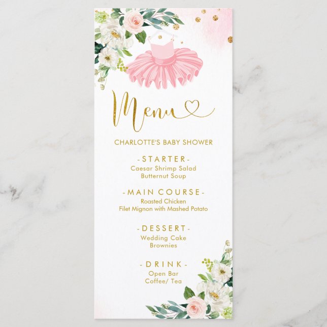 Pink and Gold Ballerina Tutu Baby Shower Menu (Front)