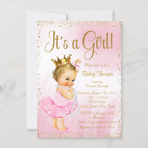 Pink and Gold Ballerina Tutu Pearl Baby Shower Invitation
