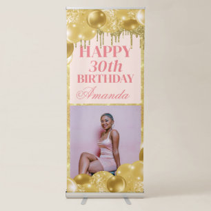 Pink and Gold Balloon Birthday Retractable Banner