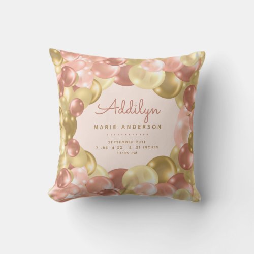 Pink and Gold Balloon Border Newborn Baby Girl Throw Pillow - This cute newborn girls pillow features a balloon border in pink, gold and rose gold. Personalize this fun nursery pillow with the baby girl's name, birthday, weight and time of birth.